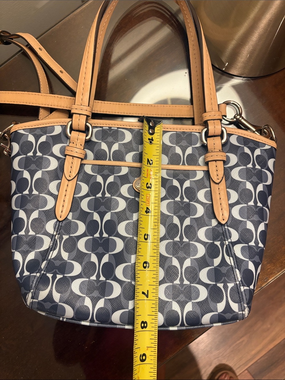 Coach Navy and Black Signature Small Tote with Tan Leather Trim - Picture 16 of 16
